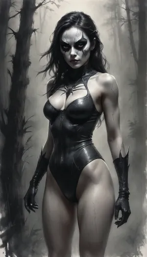 18 year old, Japanese spider woman, spider woman Mask, perky breast, full body, head to toe, full frontal, petite shaved pussy., Black, and, white, art, black, pencil, shading, charcoal, drawing, toned, paper, brutal, dark, b/w, color, scheme, <lora:Black and white art.V1:.8>