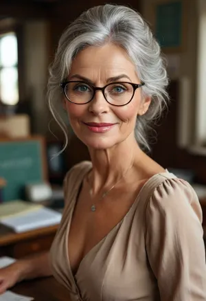 stunning woman, teacher, 70 year old, long silver gray hair, hair pulled back in a tight bun, teased bangs, (detailed hair), long narrow face, blue eyes, long pointed nose, prominent chin, smiling cheeks, high cheekbones, age lines around the eyes, smiling, smile lines around mouth, (detailed face), wearing vintage eyeglasses, (detailed glasses), light sagging skin, aged skin, wrinkled skin, (detailed skin), round saggy tits, cleavage, wearing a long flowing tan dress, button down dress, open neckline dress, (detailed dress), tan pump high heels, standing, tall, slender build, narrow waist, curvy hips, long toned legs, full body, desk, classroom, (highly detailed, photorealistic, best quality, pov from front), <lora:MJ52:1.5>