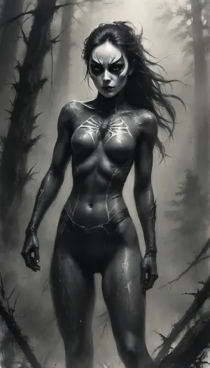 18 year old, Japanese spider woman, spider woman Mask, perky breast, full body, head to toe, full frontal, petite shaved pussy., Black, and, white, art, black, pencil, shading, charcoal, drawing, toned, paper, brutal, dark, b/w, color, scheme, <lora:Black and white art.V1:.8>