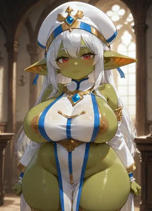 shortstack female goblin, plateskin, silver hair, priestess, wide-hips, big tits.