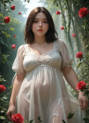 chubby princess, loose dress, wet, covered in rose vines, entangled by thick green tentacles, dynamic angle.
