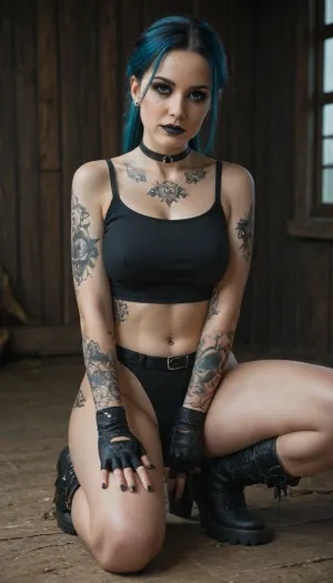 solo, one 40 years old woman, (milf:1.3), (goth:1), pale skin, slim body, (bright black-blue hair:1), long ponytail, details, 8k wallpaper, normal size eyes, deep blue eyes, e, symmetrical eyes, detailed irises, detailed eyes, skin pores, black eyeliner, textured skin, perfect arms, wide hips, goth clothing, leather gloves, high leather boots, legs spread wide, barn background, chocker, (goth-tattoo:1.8)