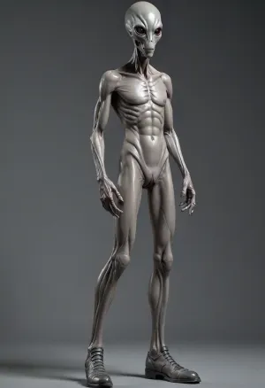 ((No background)), ((full body view, half profile view)), ((one slender grey alien, ((lga)), boots, ((grey dramatic penis)), erection, high erect dick, high cum shot)), ((standing upright)), ((a long thick spiked dildo in his hand)), <lora:detailed_notrigger:.8>, <lora:LGA:.8>