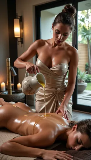 A high-quality realistic medium shot photo of the same professional female massage therapist from the previous image in an upscale zen spa. She has her hair in a bun and is wearing her tight-fitting, glossy beige wrap dress. She is performing a luxurious candle massage treatment. The therapist is carefully tilting a beautiful porcelain pitcher, pouring warm, glowing, translucent melted candle oil in a smooth, elegant stream onto the client's back. The female client is lying face down on a plush massage table, with her head turned to the side, her face completely visible and eyes closed in deep relaxation. The client's back skin is highly glistening, glossy, and wet with an intense, uniform layer of warm oil reflecting the ambient light. The modern room features soft, warm lighting from burning candles, a bamboo water fountain, and a large window looking out onto a peaceful garden. Clean cinematic composition, 4k resolution, shot on 35mm lens.
