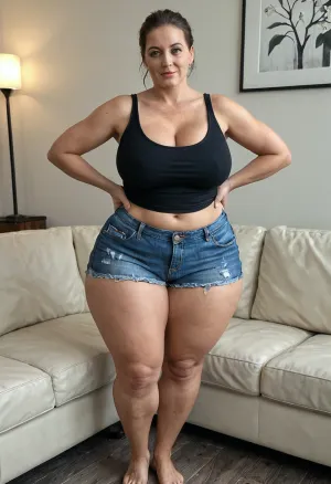 45 year old mom, (M.I.L.F), is at a casting couch trying out for a new porn movie., ((She is wearing a denim skirt and a camisole that shows a lot of cleavage)), . She is standing up., ((45 years old)), ((45 year old mom)), ((fat thighs)), ((hyper massive tear drop boobs)), ((extremely detailed 45 year old mom)), ((extremely detailed)), ((extremely real)), ((4k quality)), ((curvy body)), ((extremely detailed face)), longnips, face_refiner, <lora:Saggo_XL:2>, <lora:longnipsxl:2>, <lora:SDXLHighDetail_v6-000005:2>, <lora:SDXL_DatAss_v1:2>, <lora:Adjust_SDXL_v3.0:2>