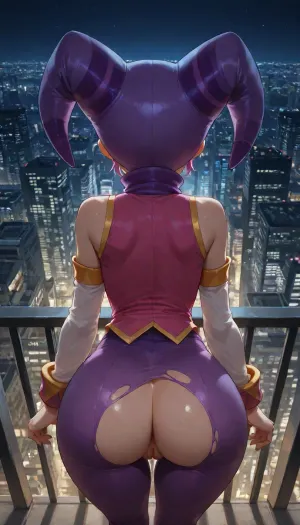 NiGHTS from Nights into Dreams, she is 20 years old, (very detailed and accurate NiGHTS face), NiGHTS has a thin humanoid form, beige skin, NiGHTS wears a violet and dark purple-striped two-horned purple jester cowl on her head, NiGHTS wears purple unitard with a white shirt under it, (the sleeves are baggy with purple and yellow cuffs), She also wear a small sleeveless pink vest with yellow trim and 4 yellow star-like buttons on it with 2 on the left side and 2 on the right side, Beatiful small body, thin body, small ass, In a megapolis city, night time, Megapolis buildings in the background, (very detailed megapolis city in the background), NiGHTS is standing on a roof of a Megapolis city, back view, (distant view), view from above, Her pants are ripped off so that her ass and vagina are visible, (vagina), (shaved pussy), she is looking at viewer, smiling, masterpiece, professional image, very detailed image, 4K image