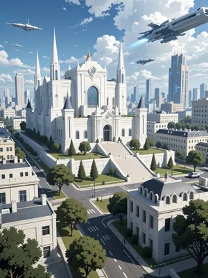 painterly anime artwork, Attack on Titan style futuristic modern city with white building and trees, in center of the city there is a modern white palace with spiky towers. Some spaceships in the sky, world-class masterpiece, fine details, breathtaking artwork, painterly art style, high quality, 8k, very detailed, high resolution, exquisite composition and lighting.