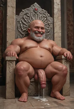 (((No background))), ((Full body, half profile view)), ((a nude muscular obese man, sitting on a throne, ((tanned skin:1.6)), ((Small body, big head)), evil grin, bald, wrinkled, short grey beard, ((stiff thick veined cock, cum dripping)))), <lora:xpenis-1.5e:1.4>, <lora:detailed_notrigger:1.3>