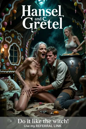 Fantasy setting, CGI render with deliberate imperfections, saturated deeply in ultra dark green tones, Keep scene unchanged, retain big white title font, place translucent, "Hansel and Gretel", at top of image above the scene, never in footer, thin silver frame, smoky grey footer shows only, "Do it like the witch! Use my REFERRAL LINK", Ultra photorealistic cinematic masterpiece, extremely dark low key seventeenth century fairytale, three stops underexposed, deep blacks, smoky chiaroscuro, inside a large decaying gingerbread witch’s house, one cavernous room constructed from baked gingerbread, cracked sugar icing and colorful candies, foreground a filthy sagging bed beneath crooked candy coated beams, an evil nude witch, 87 years old, kneels on all fours upon the mattress, she has an extremely aged, visibly decrepit body, gaunt and emaciated, with the frail physical appearance of a very old woman, small and terribly thin, her spine hunched, mouth wide open in a painful groan revealing sparse tooth stumps and enormous gaps, behind her adult Hansel 23 years old kneels close, reluctantly massaging her vagina with both hands, his expression anxious and submissive, the witch dominates through sinister magical authority, her ancient human skin hanging loosely across face, jaw, neck, shoulders, arms, abdomen and buttocks, deep wrinkles, creases, age spots, visible veins, tendons and naturally sagging folds, emaciated yet living flesh, long skinny fingers with thickened dirty brown fingernails, a dramatically elongated hooked nose growing organically from her facial anatomy, ultra aged body, deeply sunken hostile eyes, hollow cheeks, thin twisted lips, wild wiry grey hair radiating in tangled strands, Hansel wearing a sweat soaked linen shirt, battered vest and patched breeches, in the background adult Gretel, 23 years old, stands beside an enormous iron cauldron, stirring bubbling soup with a long wooden spoon, blonde hair matted and damp against her forehead, exhausted eyes, perspiring skin, grimy hands, faded torn dress and stained apron, gingerbread walls decorated with cracked icing, peppermint sticks, faded sugar flowers, hardened caramel and translucent candy windows, crooked shelves crowded with stale sweets, cloudy glass vials, clay bottles, leather pouches and mysterious ingredients, dried herbs dangling from smoke blackened rafters, crumbs, sticky syrup, cobwebs and greasy stains everywhere, cauldron flames illuminating dense smoke beneath the roof, flickering amber firelight tracing faces, hands and fabrics, faint cold moonlight filtering through candy panes, powerful chiaroscuro, volumetric smoke shafts, intimate eye level wide establishing composition showing the foreground bed, Gretel and the entire witch’s kitchen, professional full frame photography, 35 mm lens, f 2.8, natural optical depth, razor sharp pores, sweat, wrinkles, fabric fibers, textured grime, subtle analog grain, frightening believable fairytale realism