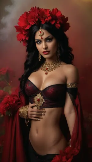 Kali — The Goddess of Transformation An Indian model of South Asian descent, with deep brown skin, abundant black hair, and striking dark eyes. Her curvaceous figure is clad in a black and red fabric ensemble, featuring ornamental jewelry, gold bracelets, and embroidered details. Surrounded by theatrical smoke and red flowers, she embodies strength, transformation, and a magnetic presence., (huge and perfect breasts:1.7), (perfect pussy:1.7), (big ass:1.5)