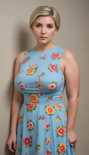 A woman stands with her back and shoulders pressed against the wall in a guilty posture, 35 years-old small-framed plump curvy ripe busty woman, (blonde short haircut, grey eyes, nice oblong face, high cheekbones, sad face), (She is wearing a light-blue dress with a colorful floral pattern which barely holds the pressure of her heavy breasts:2), (womanish curvy busty ripe mature body), natural teardrop-shaped heavy breasts, (short stature, short plump legs), curvy calves, (wide pelvis, wide hips:1.7), 4k resolution photorealism, dynamic colorful lighting, (3/4 side view), eye level angle shot, (her head is turned to the viewer, she looks pleadingly at the viewer with an eye contact), <lora:chest_adjust:1.6>