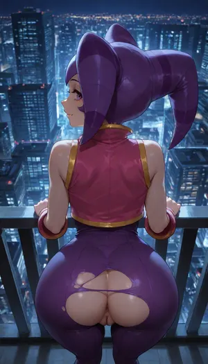 NiGHTS from Nights into Dreams, she is 20 years old, (very detailed and accurate NiGHTS face), NiGHTS has a thin humanoid form, beige skin, NiGHTS wears a violet and dark purple-striped two-horned purple jester cowl on her head, NiGHTS wears purple unitard with a white shirt under it, (the sleeves are baggy with purple and yellow cuffs), She also wear a small sleeveless pink vest with yellow trim and 4 yellow star-like buttons on it with 2 on the left side and 2 on the right side, Beatiful small body, thin body, small ass, In a megapolis city, night time, Megapolis buildings in the background, (very detailed megapolis city in the background), NiGHTS is standing on a roof of a Megapolis city, back view, (distant view), view from above, Her pants are ripped off so that her ass and vagina are visible, (vagina), (shaved pussy), NiGHTS is turning her head back and looking at viewer, smiling, masterpiece, professional image, very detailed image, 4K image