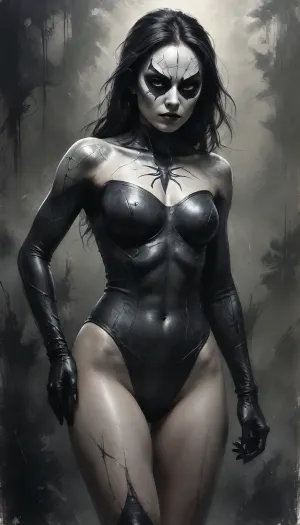 18 year old, Japanese spider woman, spider woman Mask, perky breast, full body, head to toe, full frontal, petite shaved pussy., Black, and, white, art, black, pencil, shading, charcoal, drawing, toned, paper, brutal, dark, b/w, color, scheme, <lora:Black and white art.V1:.8>