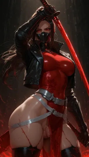 beautiful fierce young woman, deadly female assassin, cyberpunk Ronin style, long flowing black hair, intense glowing red eyes, blood splatters on face and body, wearing black leather jacket, red bodysuit with floral pattern, black leather gloves, no panties, bare hips, her small flaccid shrink penis with glance and testicles visible under edge of cloth, large belt with silver buckle, with long katana held high with both hands, dramatic dynamic pose, alone hand raised high, red energy glowing katana, blood dripping from a sword, red glowing accents, dark dramatic lighting, cinematic atmosphere, blood mist in the air, intense angry expression, black mask covering the lower half of the face, detailed skin texture, glossy dewy skin, reflections, high detail, masterpiece, 8k, ultra realistic, anime realism hybrid, dark fantasy cyberpunk aesthetic
