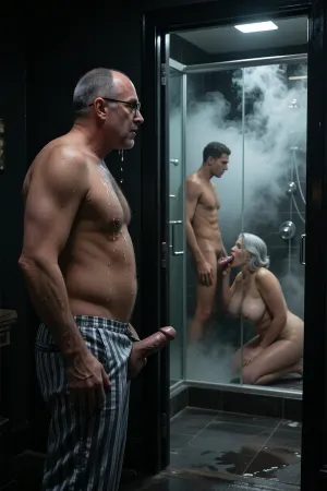Cinematic Film Noir, high-contrast chiaroscuro lighting, gritty photorealistic masterpiece. A voyeuristic composition focusing on a fat 59-year-old bald man with grey hair and glasses, wearing striped pajama trousers, standing in the absolute void of a dark hallway. He is captured in a moment of arousal, stroking his cock while gazing through a narrow door crack. The focus shifts through the crack into a bathroom filled with dense, swirling thick steam and hazy atmosphere. In the distance, viewed through fogged glass, is the old man’s wife and their lodger, a muscular 30-year-old man stands with a chubby 59-year-old grey-haired woman with enormous breasts, she is on her knees in the shower cubicle, performing oral sex on the younger man's large cock. Moody aesthetic, damp surfaces, glistening skin, shadowy depths, subtle intimacy, cuckold dynamics. Deep blacks, monochromatic palette with subtle warm highlights, volumetric fog, 8k resolution, shot on 35mm film, grainy texture, noir atmosphere, hyper-detailed skin textures, dripping water.