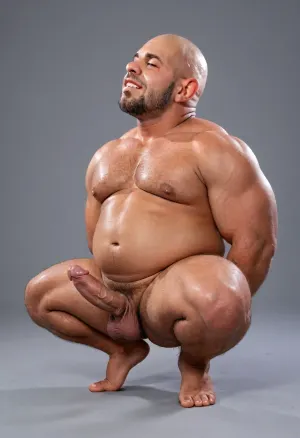 (((No background))), ((Full body half profile view)), (a nude muscular obese man, ((tanned skin:1.7)), ((Small body, short rump, ((big head)))), head up, bald, wrinkled, grey beard, crouching, masturbating his long big veined cock), (evil grin), <lora:xpenis-1.5e:.9>, <lora:detailed_notrigger:1.5>