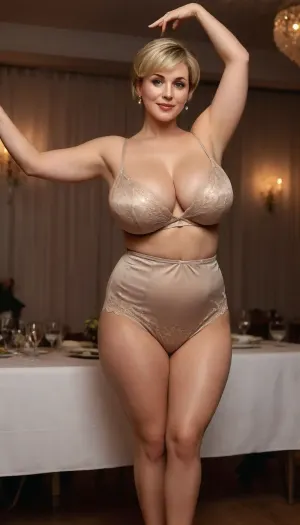 realistic picture of a dancing woman, 35 years-old curvy busty blonde woman, short haircut, gray eyes, detaled oblong face, high cheekbones, feminine, mature curvy ripe pear-shaped body, (wide pelvis, wide hips:.9), (slow charming captivating enchanting romantic on-table dance:1.5), facing the viewer, hairclip, (big-size full-cup bra), (big-size bra barely fits huge soft huge mature breasts), (big-size bra barely holds the pressure of her massive devine breasts:.7), (short curvy mature legs, curvy full calves), ((black 1960s-style mid-heel pumps)), (skindentation), realistic high-detailed skin, skin imperfections details, realistic high-detailed lingerie, realistic high-detailed fabric texture, ((whole body is visible, full-length shot in the frame)), (3/4 view:.7), (straightly above view), dynamic colorful party lighting, at a drunken party, <lora:milkers_v2:.8>