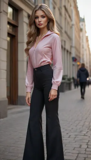 A very beautiful nineteen-year-old girl walks down a Moscow street in the evening light. Soft, muted light, the warm glow of sunset. Shop windows of cafes and shops in old buildings. She walks leisurely, with ease and happy eyes. Blonde with loose hair. Gray eyes, oval face. Her huge breasts protrude from under a puffy windbreaker, she wears tight black flared trousers. A very sexy and pronounced hourglass figure. Tanned skin, a small nose and full lips, with pink lipstick. Black trousers, sexy hips, ready for sex. full-length, Flared, pants, <lora:Flared_Jeans_XL_V2:2>