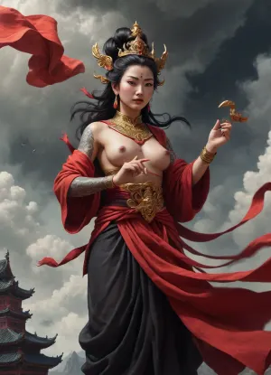 detail Shot, Exaggerated Perspective View, Bottom View, Epic style, Darkness Style, Tattoo Style, ultra detailed high contrast pencil drawing by James Gilleard, Characters in ancient Chinese mythology, Vajra Bodhisattva, aquiline nose, Angry face, strong body, Holding a Buddhist artifact and soul holding banner, there are continuous mountains and temple, Swirling and Twisting Dense Clouds, conceptual art, High Metal Textures, red Black Color, Cinematic Arts, Super Reality, Super High Details and Textures, Very Detailed Textures, Highly Detailed Textures