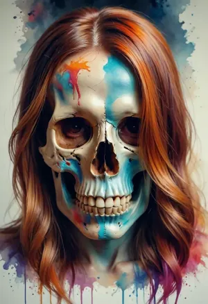 (smooth rendering and vibrant colors:.1), draw a watercolor skull on long hair, /KlTTY-ART/, <lora:COMFYUI_mimic_landscape_-_XL_SDXL v2.0:.1>