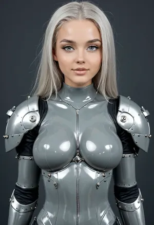 sexy female cyborg, all of her body parts are visibly modular, and constructed of gray metal but gray latex, ((large gray latex breast modules:1.6)), bulbous shoulders, micro-waist, cute girl face, smooth surfaces but very modular, every body module contour is clearly visible, everything is artificial except for head, ((body is built like a rubber armor:1.4))
