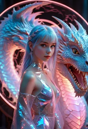 [KTA], (Dark Fantasy Artwork), luminous shadow, High-tech diva with split pastel-blue and pastel-pink hair, wearing transparent panels stitched over holographic circuitry, posing against a circular glowing dragon, illustrated, /KlTTY-ART/, <lora:COMFYUI_mimic_landscape_-_XL_SDXL v2.0:.5>, <lora:attractive_notrigger:.1>, <lora:MJ52:.5>