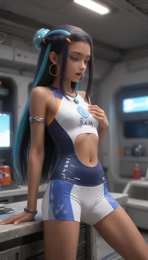Nessa, solo, wear, shorts zentai, suit, legsuit, biketard, one piece swimsuit, shorts, matt colored, original nessa colors and pattern, spread legs, orgasm face, stand, leaning back, spaceship, bedroom, modern, 3/4 view, slightly side view, background, neopren suit, standing, hand on breast, open mouth, orgasm, nessa, (pokemon), rurina, nessa_\, (pokemon\), dark-skinned_female, hoop_earrings, swimsuit, and, hotpants, navel, single_hair_bun, armlet, necklace, sukumizu, school, one-piece swimsuit and, namilia-full-bodysuit, anchespaceroom, sleeve, sleeveless, short, FBSS-swimsuit, bike, bodysuit, skinsuit, one-piece, <lora:nessa-xl-000023:1.5>, <lora:Anchespaceroom-V1:.5>, <lora:Full_body_smoothskin_swimsuit:.7>, <lora:bike shorts_XL_V1.0:1.2>, <lora:NAMILIA-full-bodysuit-SDXL-V0.1:.8>