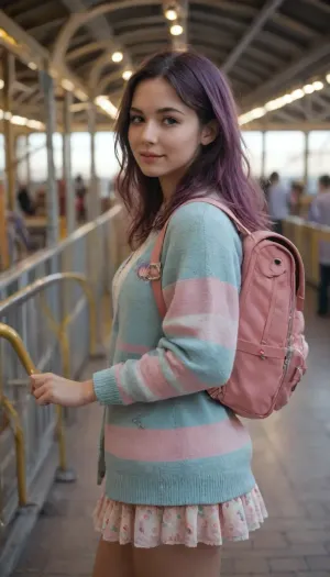 A vibrant realistic photo of a stylish young woman with wavy pink-purple hair, wearing a blue and pink striped knit cardigan and a colorful swirl-patterned skirt. She holds a golden ticket and carries a pink backpack, standing in a bright amusement park with a roller coaster and carousel in the background. The art style is glossy, cheerful, and anime-inspired, featuring soft lighting, saturated pastel colors, and a dreamy atmosphere.