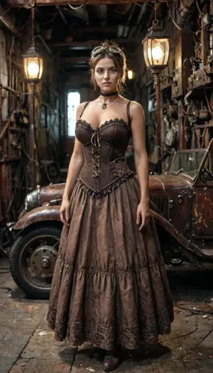 8k, score_9, score_8_up, score_7_up, FILM PHOTOGRAPHY STYLE, cinematic photography of a woman, professional portrait photo realism, (masterpiece, best quality, ultra highres), (photorealistic:1.2), (steampunk:1.3), full body shot of a beautiful young woman, intricate details, highly detailed, sharp focus, (brown leather corset:1.1), black ruffled skirt, (steampunk goggles on head:1.1), round wire glasses, brown hair up, (choker necklace:1), Victorian era garage, sunlight streaming through large arched windows, (vintage steampunk car:1.2), polished brass, gears, steam, industrial background, gas lamps, glowing elements, dramatic lighting, volumetric lighting, rich colors, depth of field, massive breasts, full body view, <lora:detailed_notrigger:2>, <lora:add-detail-xl:.8>, dynamic pose, <lora:ratatatat74-000050:.8>, <lora:NEOTOKIOXL_0.2_RC:.8>, <lora:LCMTurboMix_Euler_A_fix:.8>