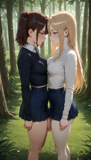 2 Futanari, they both are 20 years old, adults, (They both have white skin colour), 1 Futanari have brown hair, the other Futanari have blonde hair, They both have thin waist, they both have small bodies, small height, they both have small boobs, They both are wearing dark blue student sweaters with a white collar, (very detailed dark blue student sweaters with a white collar), They both are wearing dark blue skirts, (Their penises are visible under their dark blue skirts), Clearing, (very detailed green grass), ((trees in the background)), They are standing near each other, they are looking at eachother, They press their small breasts against each other, (rivalry), Serious faces, side view, (view from side), view from above, masterpiece, very detailed image, 4k image