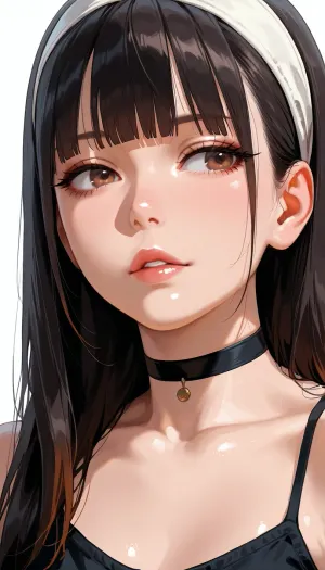 masterpiece, best quality, ultra-detailed, photorealistic, sharp focus, 8k, beautiful young woman, 20s, straight jet-black hair with blunt bangs, glossy silky texture, white curved plastic headband, fair porcelain skin, large almond-shaped brown eyes with long lashes, soft natural makeup, full lips with subtle gloss, slender elegant neck and shoulders, delicate collarbones, black thin choker, black spaghetti-strap tank top, calm slightly seductive expression, parted lips, soft gaze looking back over her shoulder, three-quarter profile pose, head turned toward camera, close-up portrait, slight low angle, plain neutral gray studio background, soft diffused studio lighting, gentle rim light on hair, natural skin highlights, highly detailed skin texture, realistic hair strands, subtle film grain