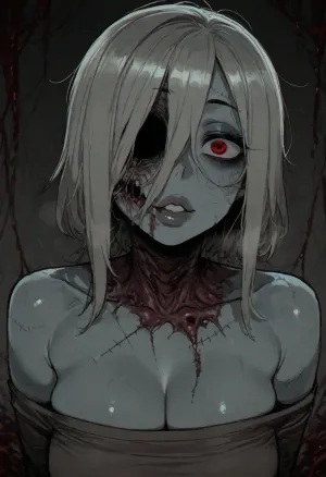 (ratatatat74), (zombie girl, thick lips, cute, stitches, rotting flesh, missing eye), solo, <lora:ratatatat74-000050:2>