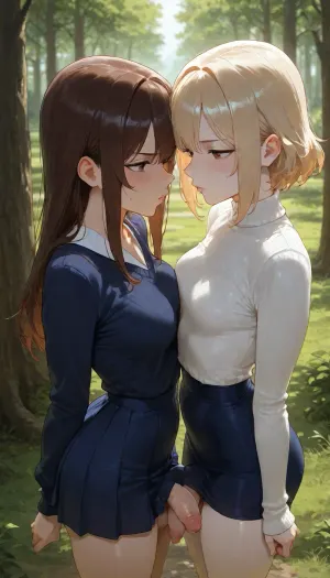 2 Futanari, they both are 20 years old, adults, (They both have white skin colour), 1 Futanari have brown hair, the other Futanari have blonde hair, They both have thin waist, they both have small bodies, small height, they both have small boobs, They both are wearing dark blue student sweaters with a white collar, (very detailed dark blue student sweaters with a white collar), They both are wearing dark blue skirts, (Their penises are visible under their dark blue skirts), ((Their penises are out of their dark blue skirts)), Clearing, (very detailed green grass), ((trees in the background)), They are standing near each other, they are looking at eachother, They press their small breasts against each other, (rivalry), Serious faces, side view, (view from side), view from above, masterpiece, very detailed image, 4k image