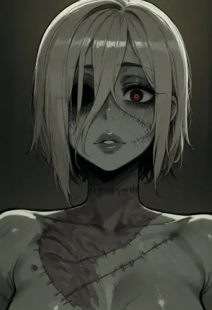 (ratatatat74), (zombie girl, thick lips, cute, stitches, rotting, missing eye), solo, <lora:ratatatat74-000050:2>