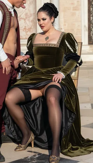 Incredible realistic photo 8k, UHD, BBW skin, Woman 28 years sulk face noble maximum générate smile rictus face expression, maximum Obese Skin, (maximum large face, maximum large legs, maximum large ass, maximum large hips), black renaissance bun elegant hairstyle, she is dressed in very long aristocrate intense dark olive color renaissance rich velvet dress is fully lined in black satin lining, intense black stockings, exaggerated renaissance ugly makeup, renaissance noble shoes, she is seated on renaissance chair and suckind tiny cock, dress not lifted on the hips, Russian man is stand and wearing in renaissance clothes debutonned pant, normal small cock, small cock in mouth, blowjob sex, penetration, on italian renaissance Doge palace at the intense sunny day in Venise, visible blowjob Hand of man on women dress lining Man grab drapery