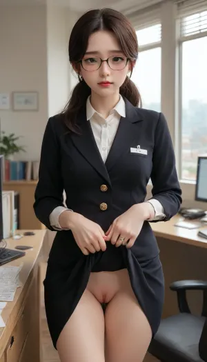 Korean girl, glasses, very long heir, black heir, lifts her skirt, shows pussy, nerdy, office, shy face, kb3auty, korean, (old milf:.7), <lora:kbeauty__kb3auty__0_2:.8>