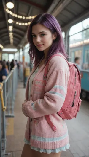 A vibrant realistic photo of a stylish young woman with wavy pink-purple hair, wearing a blue and pink striped knit cardigan and a colorful swirl-patterned skirt. She holds a golden ticket and carries a pink backpack, standing in a bright amusement park with a roller coaster and carousel in the background. The art style is glossy, cheerful, and anime-inspired, featuring soft lighting, saturated pastel colors, and a dreamy atmosphere.