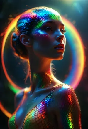 [KTA], (Dark Fantasy Artwork), luminous shadow, a circular glowing rainbow cobra featuring the image of a belle female faceless goddess, /KlTTY-ART/, <lora:COMFYUI_mimic_landscape_-_XL_SDXL v2.0:.5>, <lora:MJ52:.5>