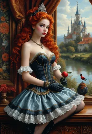 masterpiece, best quality, dark background, 1girl, solo, looking at viewer, long hair, ponytail, orange hair, very long hair, brown hair, magical girl, (style Michael Cheval:1.5), leather, halter, gown, knee, length, short, elbow, gloves, full, body, shot, ptheels, high, heels, <lora:tbh129-sdxl:1.5>, <lora:Picture_enhancer:.8>, <lora:ptheels_sdxl_V2-000010:1.8>