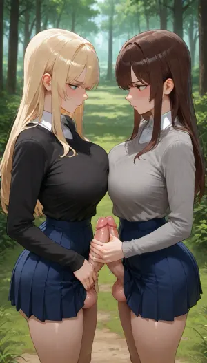 2 Futanari, they both are 20 years old, adults, (They both have white skin colour), 1 Futanari have brown hair, the other Futanari have blonde hair, They both have thin waist, they both have small bodies, small height, they both have small boobs, They both are wearing dark blue student sweaters with a white collar, (very detailed dark blue student sweaters with a white collar), They both are wearing dark blue skirts, (Their penises are visible under their dark blue skirts), ((Their penises are out of their dark blue skirts)), Clearing, (very detailed green grass), ((trees in the background)), They are standing near each other, they are looking at eachother, (rivalry), they are jerking off eachother penises with their hands, (handjob), (Masturbating eachother penises), Serious faces, side view, (view from side), view from above, masterpiece, very detailed image, 4k image