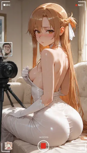 (couple), (1boy photographer, 1 girl Asuna:1.2), Sword Art Online, (young:1.5), intensively undressing herself, taking off her silk dress, white silk hand gloves, (showing her only one nipple:.8), looking at camera, (small breast:1.2), shy, shame, sweating.She sitting on a white sofa in front of video camera, video camera is pointed at her.Boy recording her, boy shooting up her on his camera, posing to photographer, boy photographer in frame.Porno studio, porno session, porno casting, white sofa, camera, backstage shooting.Perfect face, perfect body, perfect eyes, perfect pupils, perfect fingers, perfect skin, perfect tight ass.Ultra high detailed face, ultra high detailed body, ultra high detailed eyes, ultra high detailed pupils, ultra high detailed fingers, ultra high detailed skin, ultra high detailed ass.Ultra high detailed photo, anime style, perfect art, professional photo-session.Perfect colors, perfect brightness, perfect contrast, perfect quality, natural colors.