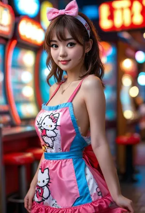 shy charming naked, ((small apron print hellokitty)), 22 years, sweet smiling, japan girl big eyes, bangs hairband, very long eyelashes, very skinny, very long legs plateauheels, ((super waist)), wide hips turned to side, erotic posing, (reflecting skin:1.3), (puffy ass pussy:1.3), very realistic detailed high resolution, bentover playing arcade-game, ((outside nightclubs neonlight red blue at night)), sideview round ass, large, breasts, big, boobs, huge, tits, <lora:MJ52:.8>, <lora:bombshell_v2:.5>