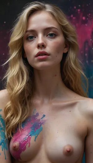 Hyper-detailed digital painting of a beautiful young woman with long wavy golden-blonde hair cascading over her shoulders, soft freckles and tiny paint splatters across her face, neck and collarbones, realistic skin texture with subtle sheen, piercing blue eyes looking directly at the viewer, soft pink full lips, delicate facial features, nude body completely covered in glossy wet-looking abstract body paint in vibrant swirling colors, deep cobalt blue on shoulders and upper arms, bright cadmium yellow across the chest and one breast, hot magenta and crimson red flowing over the other breast and torso, electric pink and turquoise streaks on the hips and thighs, pure yellow and royal blue on the legs, the paint has thick liquid drips, wet glossy reflections and painterly brushstroke texture, sensual seated pose with one knee raised and the other leg extended, elegant hand resting on the thigh, full body visible from mid-thigh up, highly detailed anatomy, dramatic soft lighting highlighting the wet paint surfaces

Background completely changed to a soft dark gradient from deep charcoal black at the bottom to muted indigo and dark teal at the top, with only very subtle distant out-of-focus paint splatters in muted gold and rose, no bright colorful abstract explosions, clean and minimal so the colorful body remains the sole focus

Ultra-realistic digital art, hyper-detailed, 8k, sharp focus, masterpiece, artstation style.