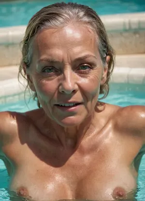 low angle. full shot of an old woman. microlens, (((69 years old))), slim, (((tanned))), woman, with a thin and cute face, facing the camera from the front, in a jacuzzi at the bottom of the water, loud moans, orgasm. just a cute little ass coming out of the water, lying on its side. having sex with a muscular guy on the side in a neon-lit swimming pool. cream pie. very moist skin. Sunny day, y4nn, <lora:y4nn:.8>