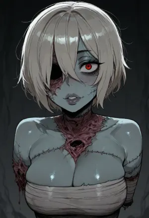 (ratatatat74), (zombie girl, thick lips, cute, stitches, rotting flesh, missing eye, amputee), solo, <lora:ratatatat74-000050:2>