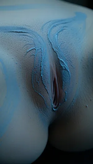 Extreme close-up shot of a woman’s crotch and upper thighs, viewed slightly from the front and from a low angle, angled slightly to the side. She is completely covered in smooth, matte light-blue body paint that has a soft, chalky, almost powdery texture. The paint is applied thickly and evenly over the skin, following every natural contour of the labia majora, the deep vertical cleft of the vulva, and the upper inner thighs.
The labia majora are full and softly rounded, pressed tightly together, creating a deep, shadowed vertical crease that runs from the top of the pubic mound down toward the perineum. The paint has slightly gathered and cracked in the deepest folds, revealing subtle texture and micro-wrinkles. Individual skin pores are clearly visible through the thin layer of blue paint, especially on the outer labia and the upper thighs, giving the surface a realistic, slightly grainy, human-skin quality.
Soft directional lighting from above and slightly to the left creates gentle highlights on the rounded outer curves of the labia and soft shadows inside the cleft, emphasizing the three-dimensional form. The blue paint has a cool, almost icy tone with very subtle warmer undertones in the deeper folds. No hair is visible. The background is completely out of focus and dark. Photorealistic, ultra-detailed skin texture, visible pores, high-resolution, cinematic close-up.