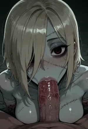 (ratatatat74), (zombie girl, thick lips, cute, stitches, rotting flesh, missing eye, amputee), blowjob, <lora:ratatatat74-000050:2>