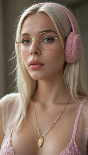 photorealistic adult woman, solo, long straight white hair, pink fluffy earmuffs, large black round glasses, soft seductive expression looking upward with mouth slightly open, slim body with breasts exposed, sheer pink floral embroidered mesh top worn open, delicate gold body chain, close-up upper body view, purple neon indoor lighting, ultra detailed face hair and skin, masterpiece, best quality, hyper-realistic, 8k