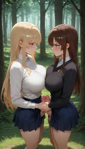 2 Futanari, they both are 20 years old, adults, (They both have white skin colour), 1 Futanari have brown hair, the other Futanari have blonde hair, They both have thin waist, they both have small bodies, small height, they both have small boobs, They both are wearing dark blue student sweaters with a white collar, (very detailed dark blue student sweaters with a white collar), They both are wearing dark blue skirts, (Their penises are visible under their dark blue skirts), ((Their penises are out of their dark blue skirts)), Clearing, (very detailed green grass), ((trees in the background)), They are standing near each other, they are looking at eachother, (rivalry), they are jerking off eachother penises with their hands, (handjob), (Masturbating eachother penises), Serious faces, side view, (view from side), view from above, masterpiece, very detailed image, 4k image
