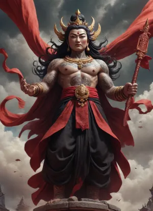 detail Shot, Exaggerated Perspective View, Bottom View, Epic style, Darkness Style, Tattoo Style, ultra detailed high contrast pencil drawing by James Gilleard, Characters in ancient Chinese mythology, Vajra Bodhisattva, aquiline nose, Angry face, strong body, Holding a Buddhist artifact and soul holding banner, there are continuous mountains and temple, Swirling and Twisting Dense Clouds, conceptual art, High Metal Textures, red Black Color, Cinematic Arts, Super Reality, Super High Details and Textures, Very Detailed Textures, Highly Detailed Textures